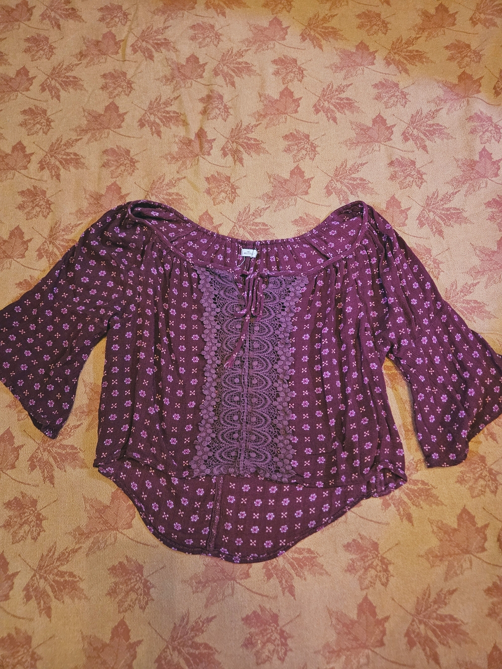 Hollister Burgandy Maroon Floral Cropped Peasant Blouse